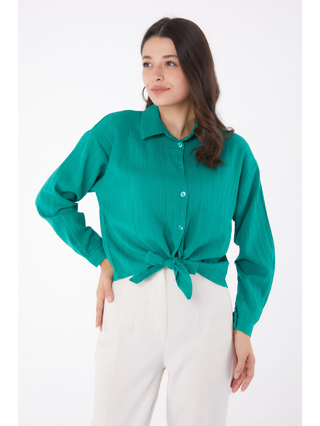 Gömlek Yaka Kadın Yeşil Puket Bağlamalı Gömlek - 26067-1
