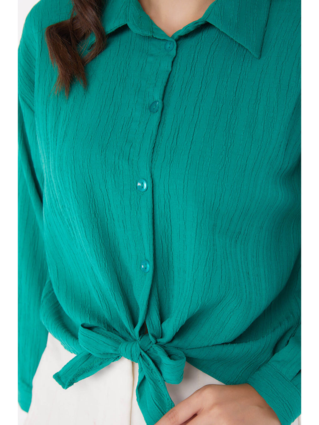 Gömlek Yaka Kadın Yeşil Puket Bağlamalı Gömlek - 26067-4