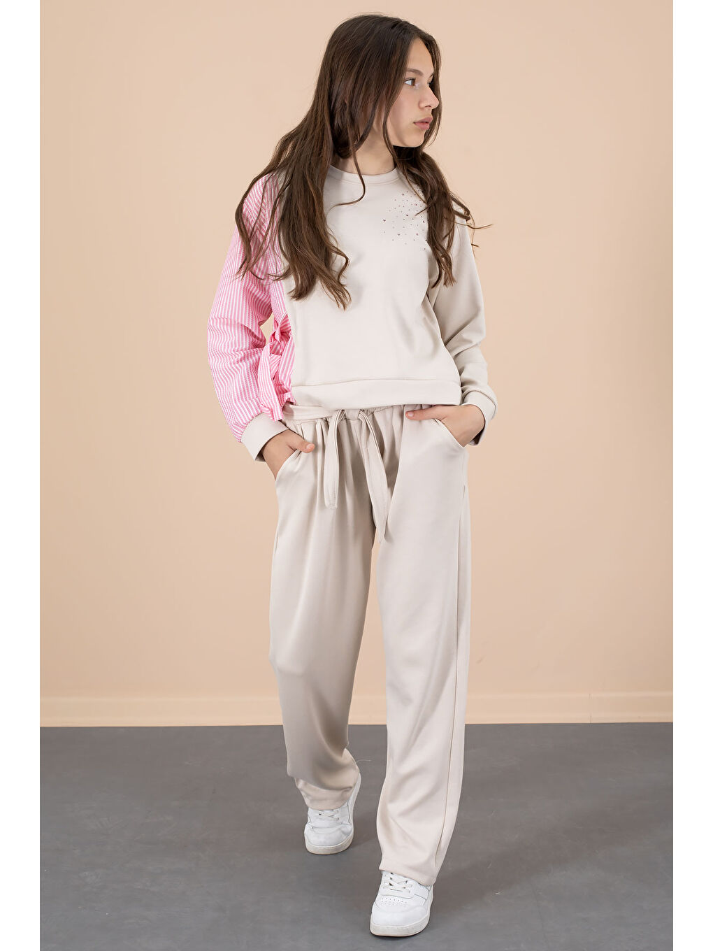 Pembe Çizgi Desenli Taş Detaylı Bluzlu Kız Çocuk Kuşaklı Pantolonlu 2li Takım 20659-2