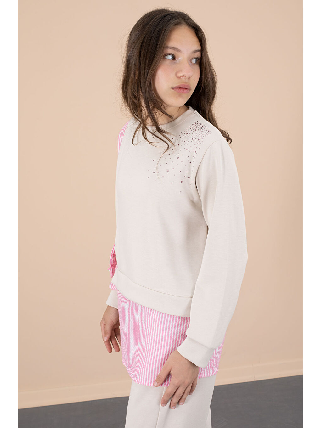 Pembe Çizgi Desenli Taş Detaylı Bluzlu Kız Çocuk Kuşaklı Pantolonlu 2li Takım 20659-3