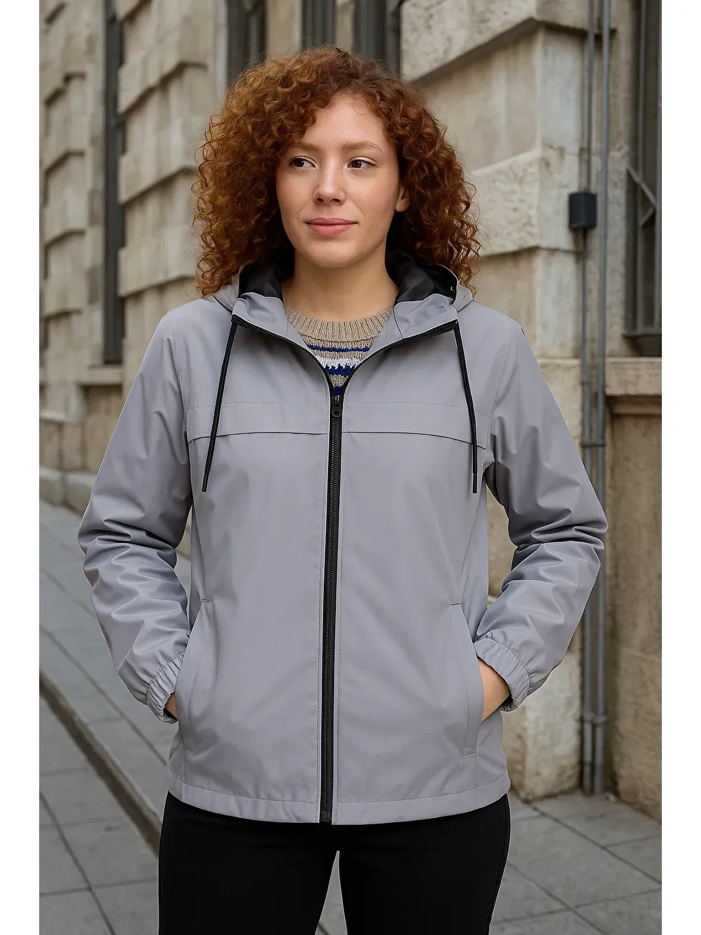 Kadın Astarlı Kapüşonlu Gri Rüzgarlık & Yağmurluk