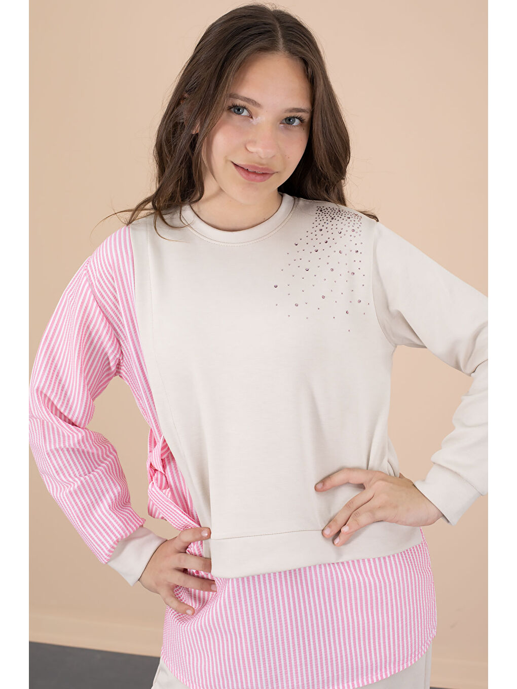 Pembe Çizgi Desenli Taş Detaylı Bluzlu Kız Çocuk Kuşaklı Pantolonlu 2li Takım 20659-4
