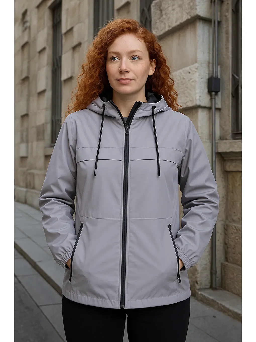 Kadın Astarlı Kapüşonlu Gri Rüzgarlık & Yağmurluk-1