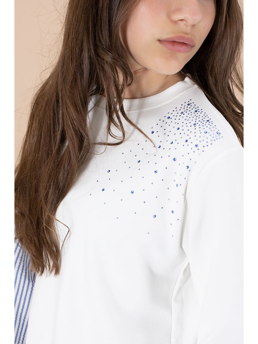 Mavi Çizgi Desenli Taş Detaylı Bluzlu Kız Çocuk Kuşaklı Pantolonlu 2li Takım 20655-1