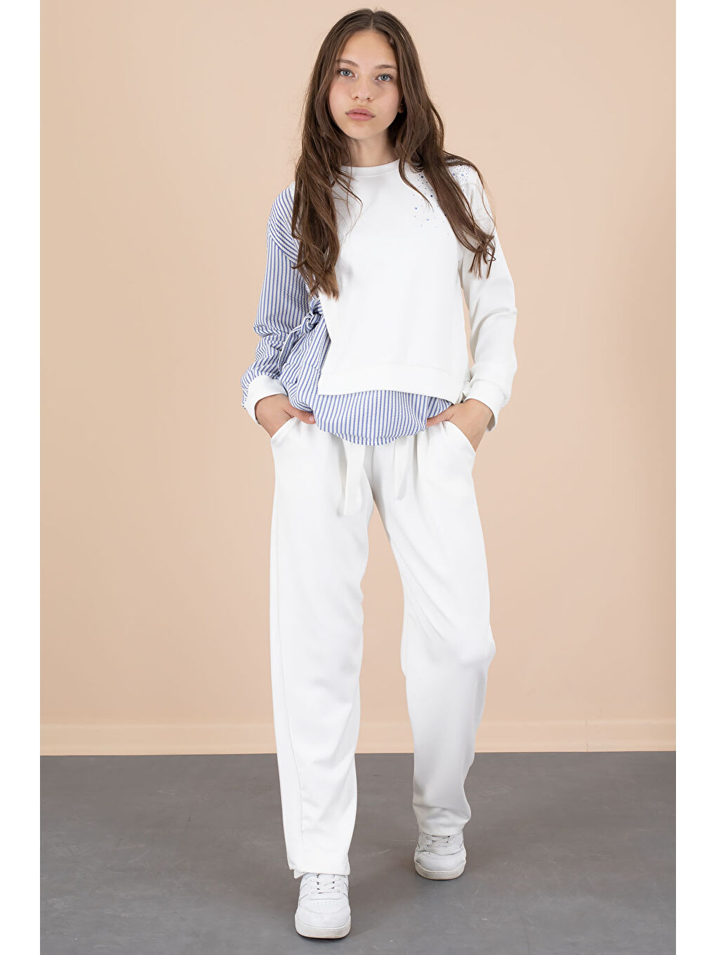 Mavi Çizgi Desenli Taş Detaylı Bluzlu Kız Çocuk Kuşaklı Pantolonlu 2li Takım 20655-2