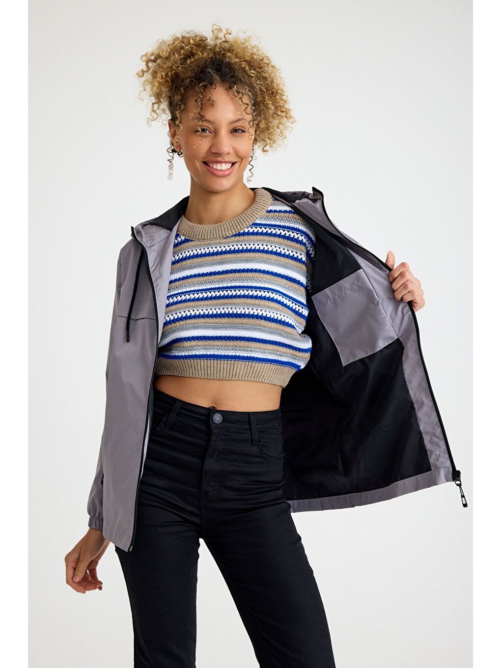 Kadın Astarlı Kapüşonlu Gri Rüzgarlık & Yağmurluk-3