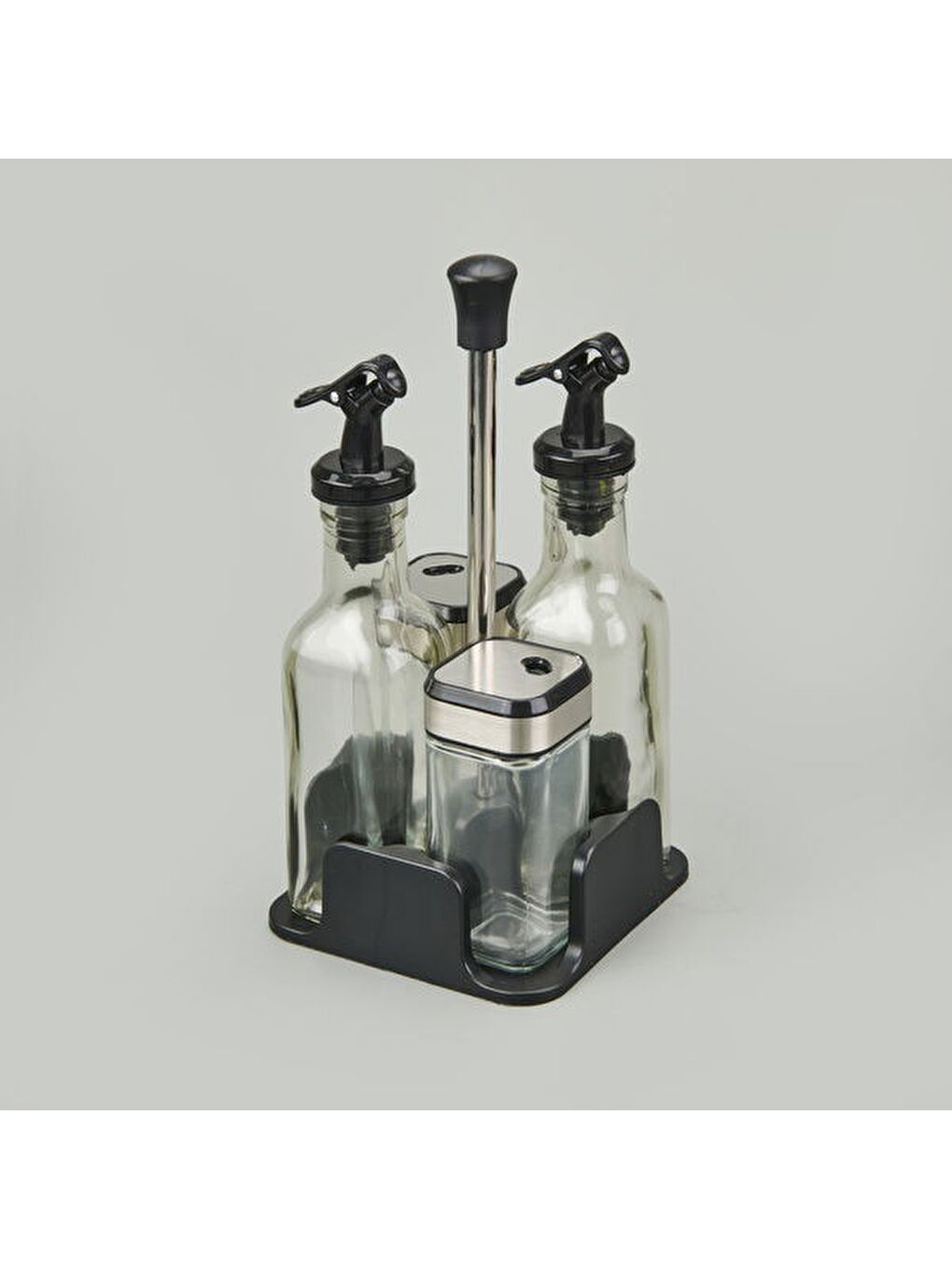 Renksiz 4'lü Cam Tuzluk Yağlık Sirkelik Seti - Şeffaf / Siyah