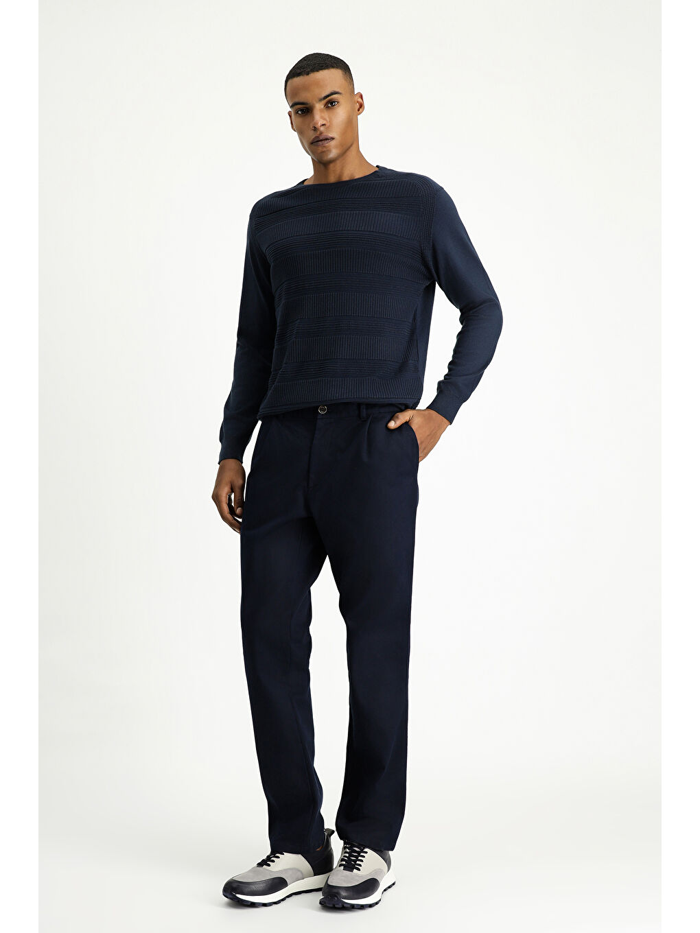 Lacivert Regular Fit Elastanlı Pileli Kanvas / Chino Pantolon