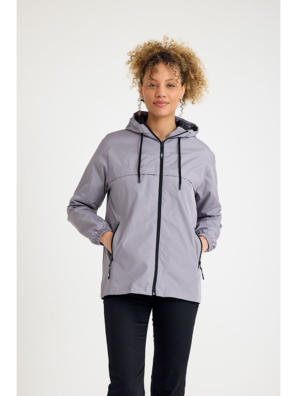Kadın Astarlı Kapüşonlu Gri Rüzgarlık & Yağmurluk-5