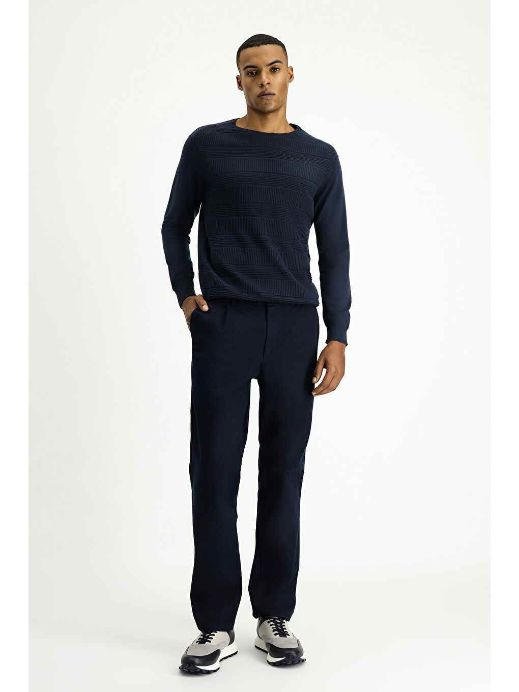 Lacivert Regular Fit Elastanlı Pileli Kanvas / Chino Pantolon-1