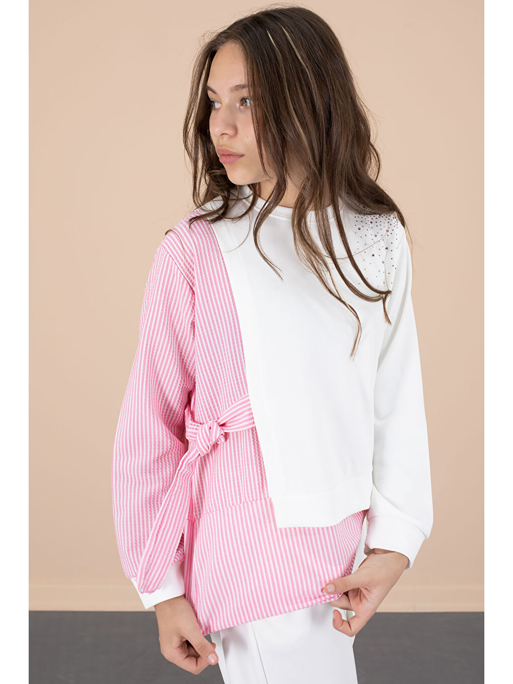 Pembe Çizgi Desenli Taş Detaylı Bluzlu Kız Çocuk Kuşaklı Pantolonlu 2li Takım 20656-1