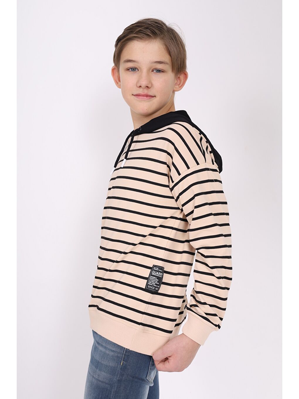 Bej Erkek Çocuk Çizgili Sweatshirt-2