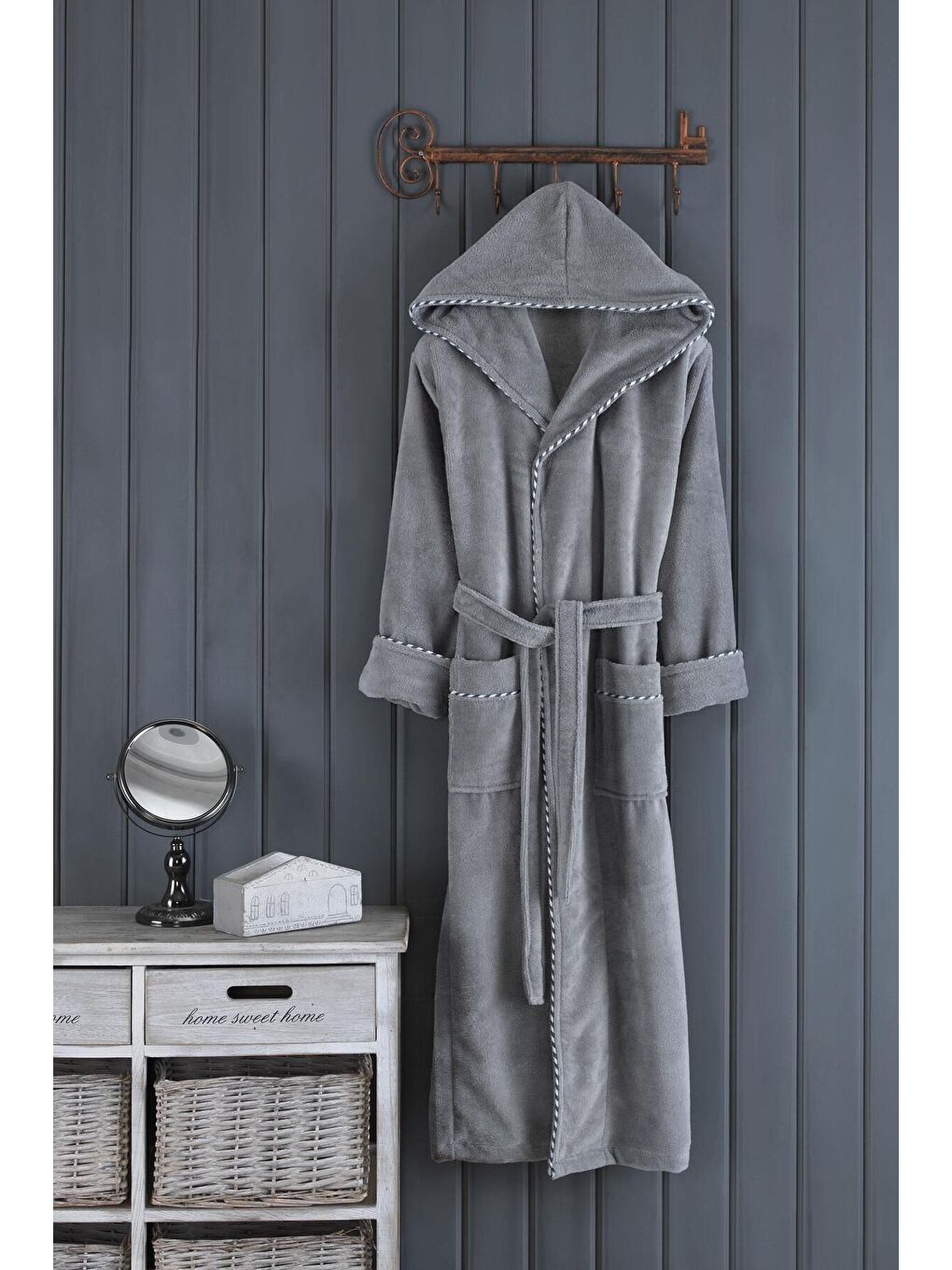 Antrasit Biyeli Kapüşonlu Bambu Bornoz-ANTRASİT-L/XL-S/M-XXL