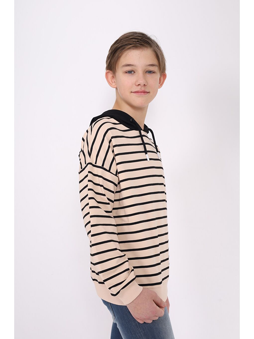 Bej Erkek Çocuk Çizgili Sweatshirt-3