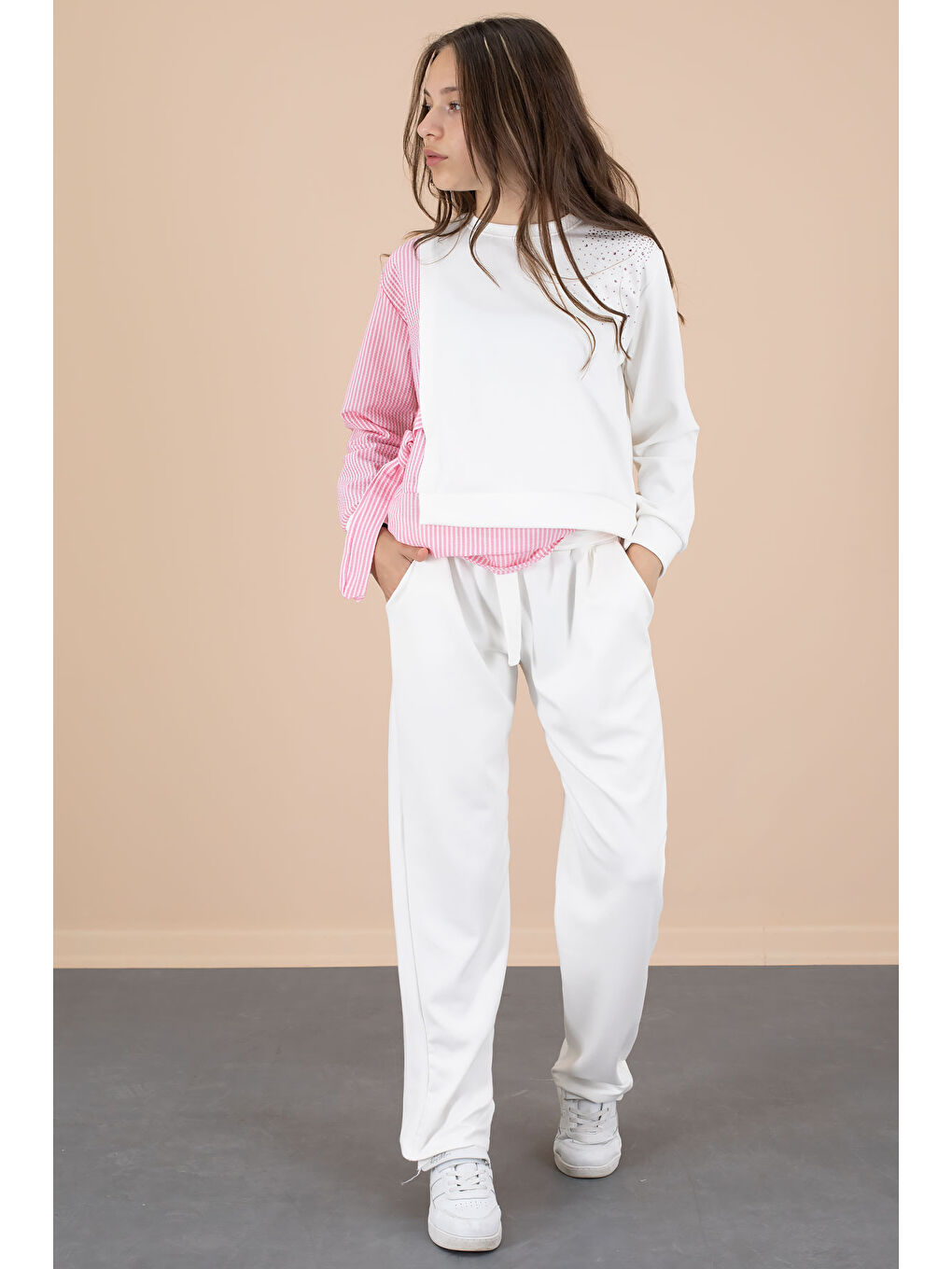 Pembe Çizgi Desenli Taş Detaylı Bluzlu Kız Çocuk Kuşaklı Pantolonlu 2li Takım 20656-2