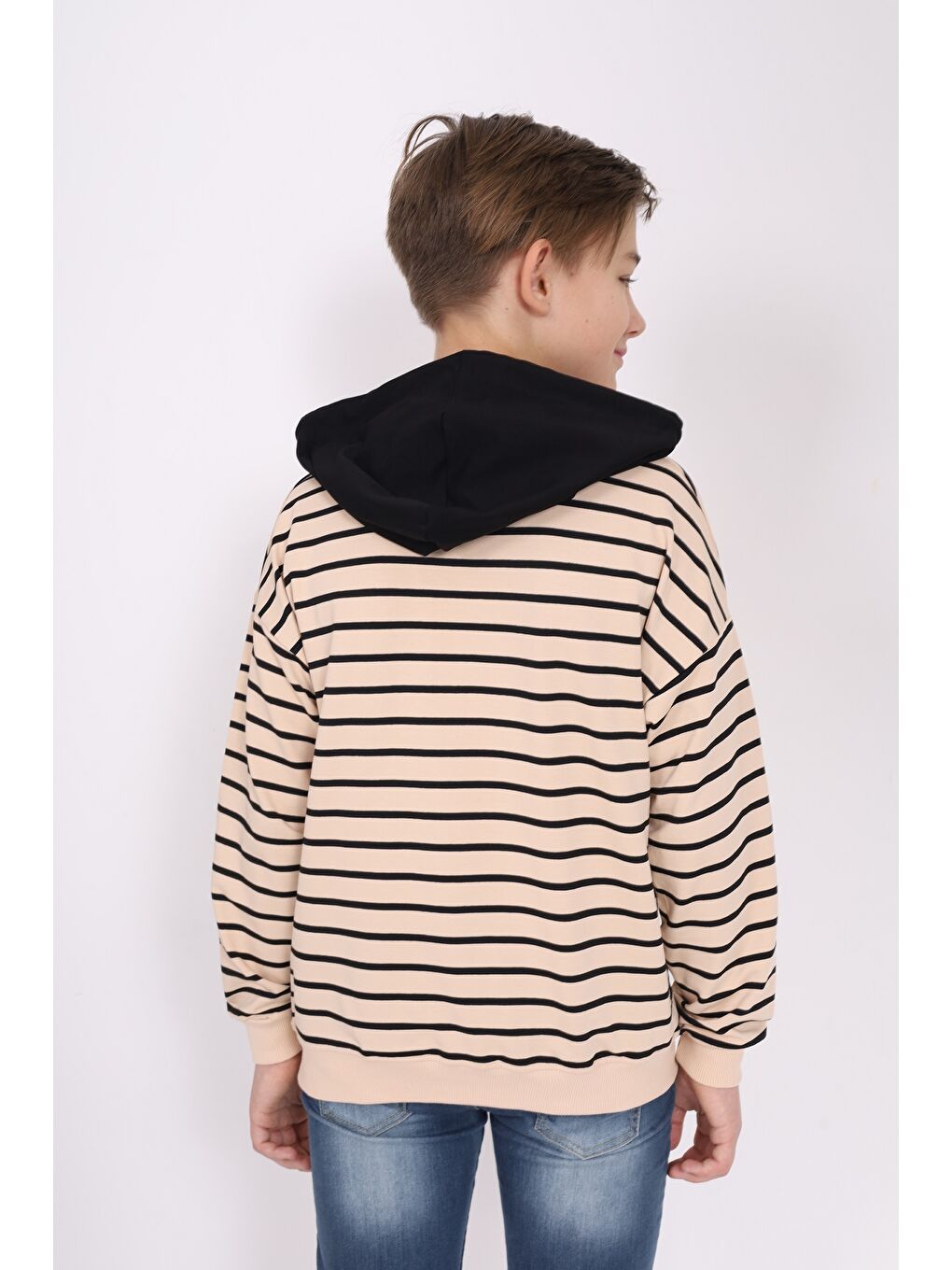 Bej Erkek Çocuk Çizgili Sweatshirt-4
