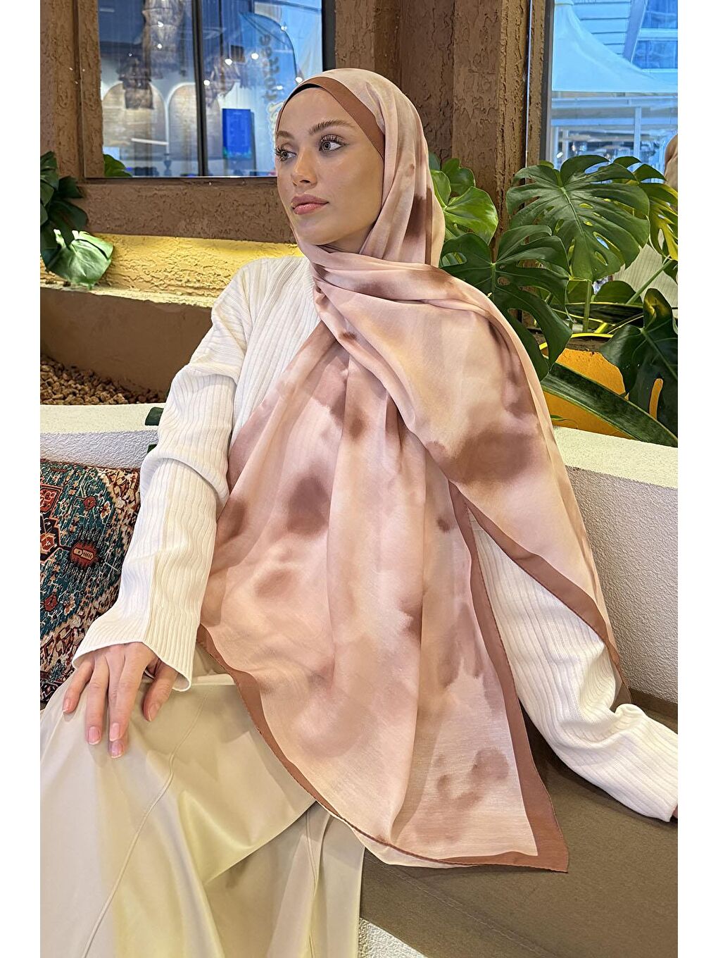 Kahverengi Batik Desen Soft Şal Sütlü Kahve-2