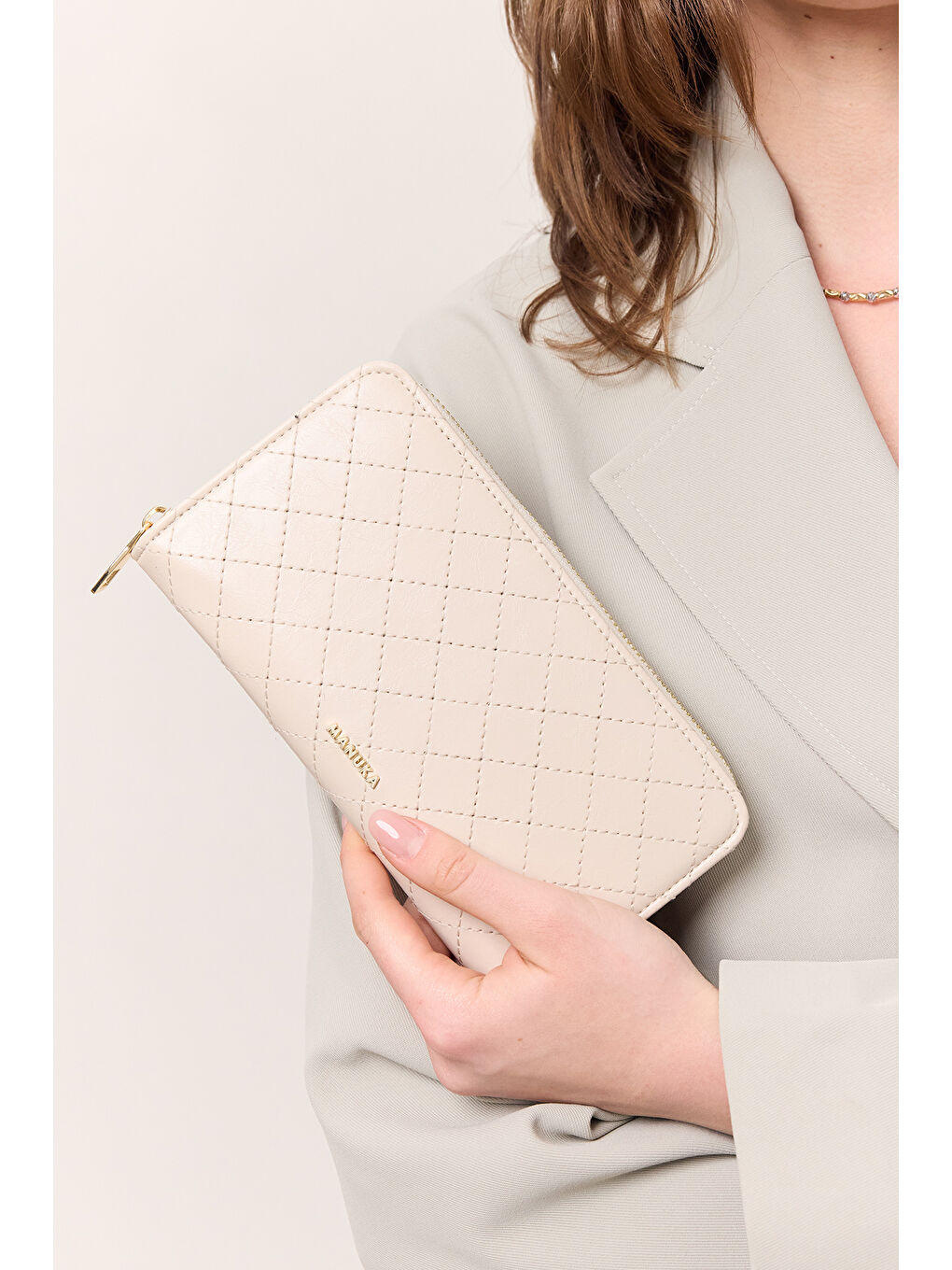 Kapitone Fermuarlı Geniş Cüzdan Bej-2