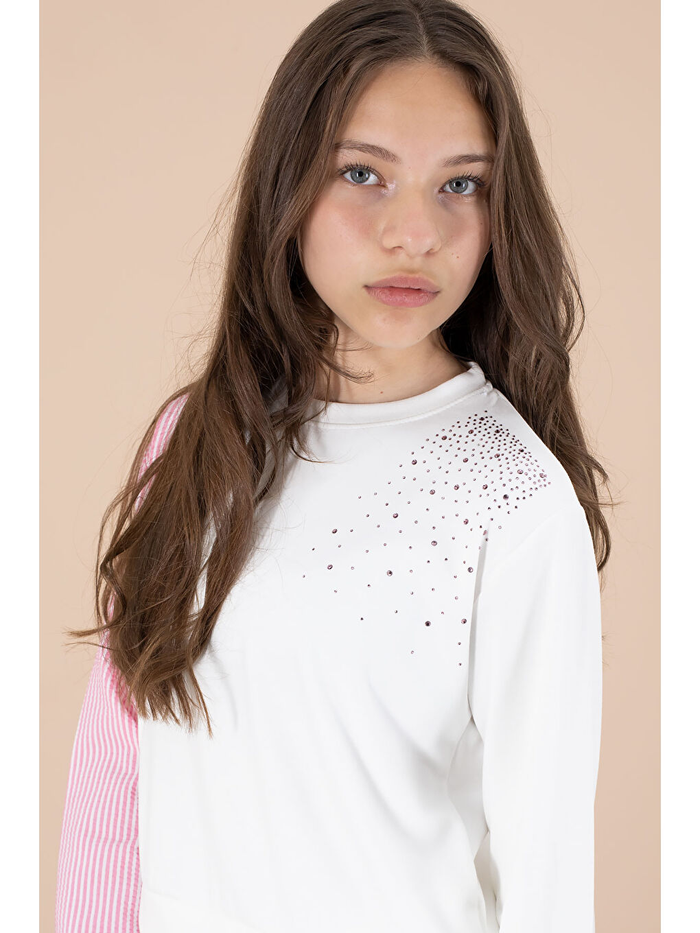 Pembe Çizgi Desenli Taş Detaylı Bluzlu Kız Çocuk Kuşaklı Pantolonlu 2li Takım 20656-3