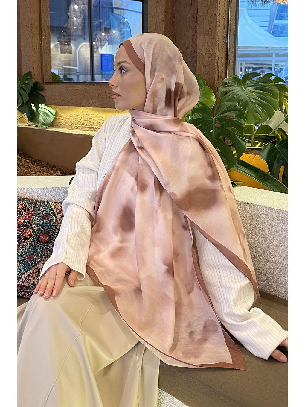 Kahverengi Batik Desen Soft Şal Sütlü Kahve-3