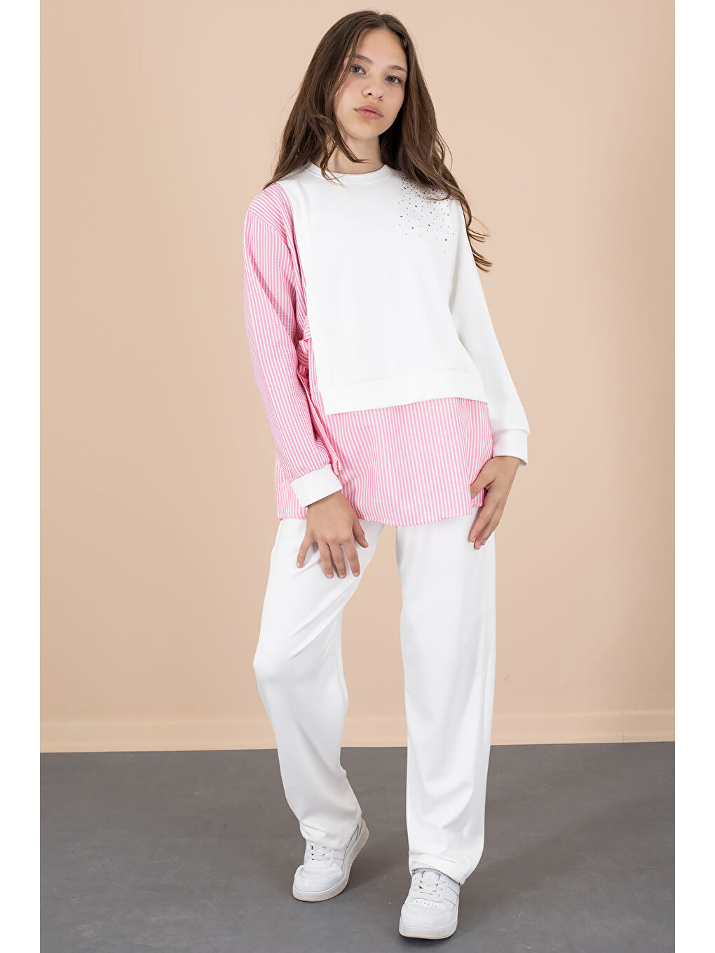 Pembe Çizgi Desenli Taş Detaylı Bluzlu Kız Çocuk Kuşaklı Pantolonlu 2li Takım 20656-4