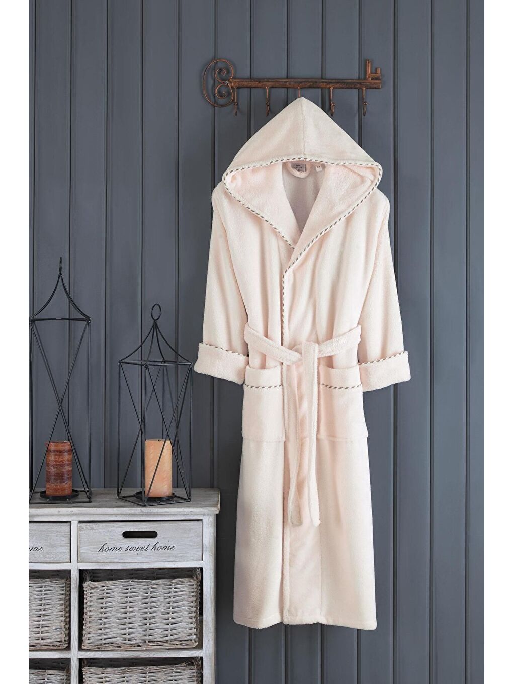 Ekru Biyeli Kapüşonlu Bambu Bornoz-KREM-L/XL-S/M