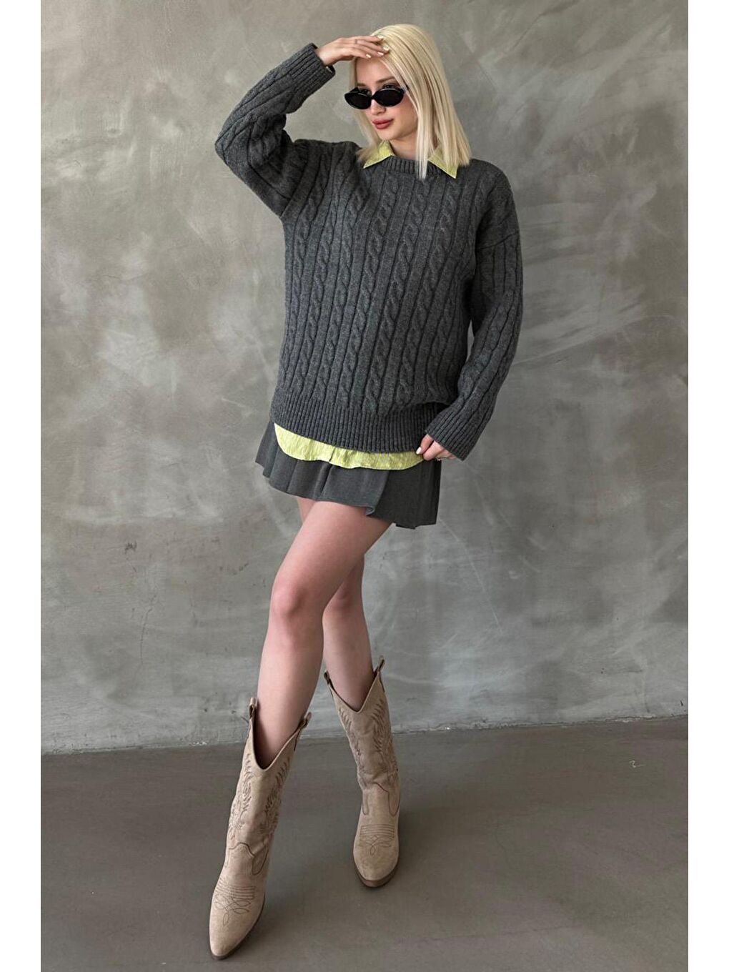 Antrasit Balıkçı Yaka Örgülü Triko Kazak Mg2336