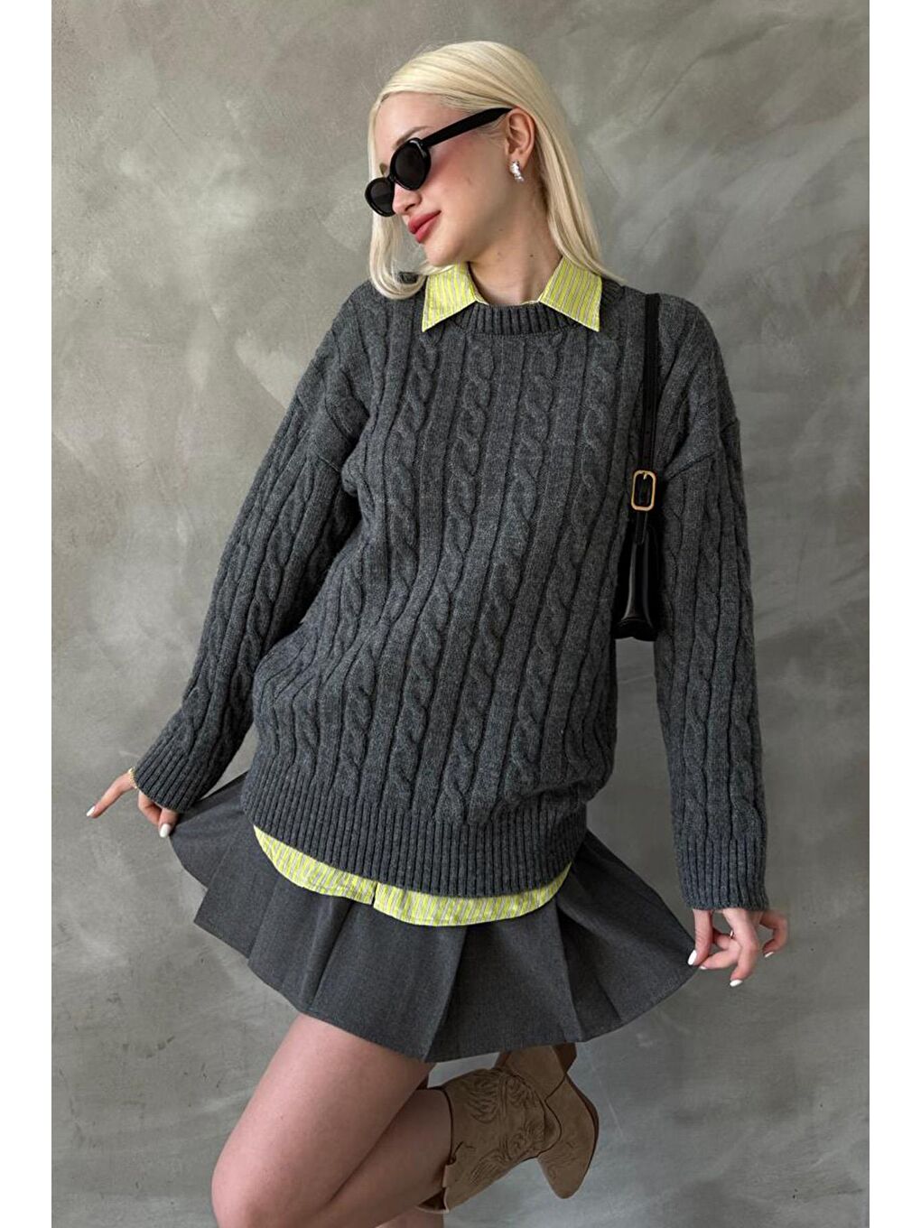 Antrasit Balıkçı Yaka Örgülü Triko Kazak Mg2336-1