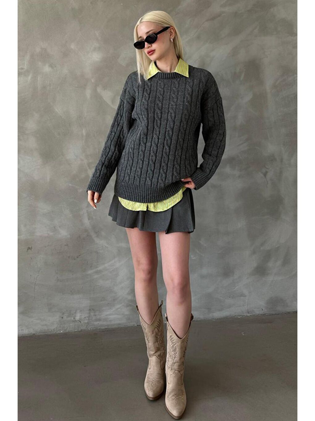 Antrasit Balıkçı Yaka Örgülü Triko Kazak Mg2336-3