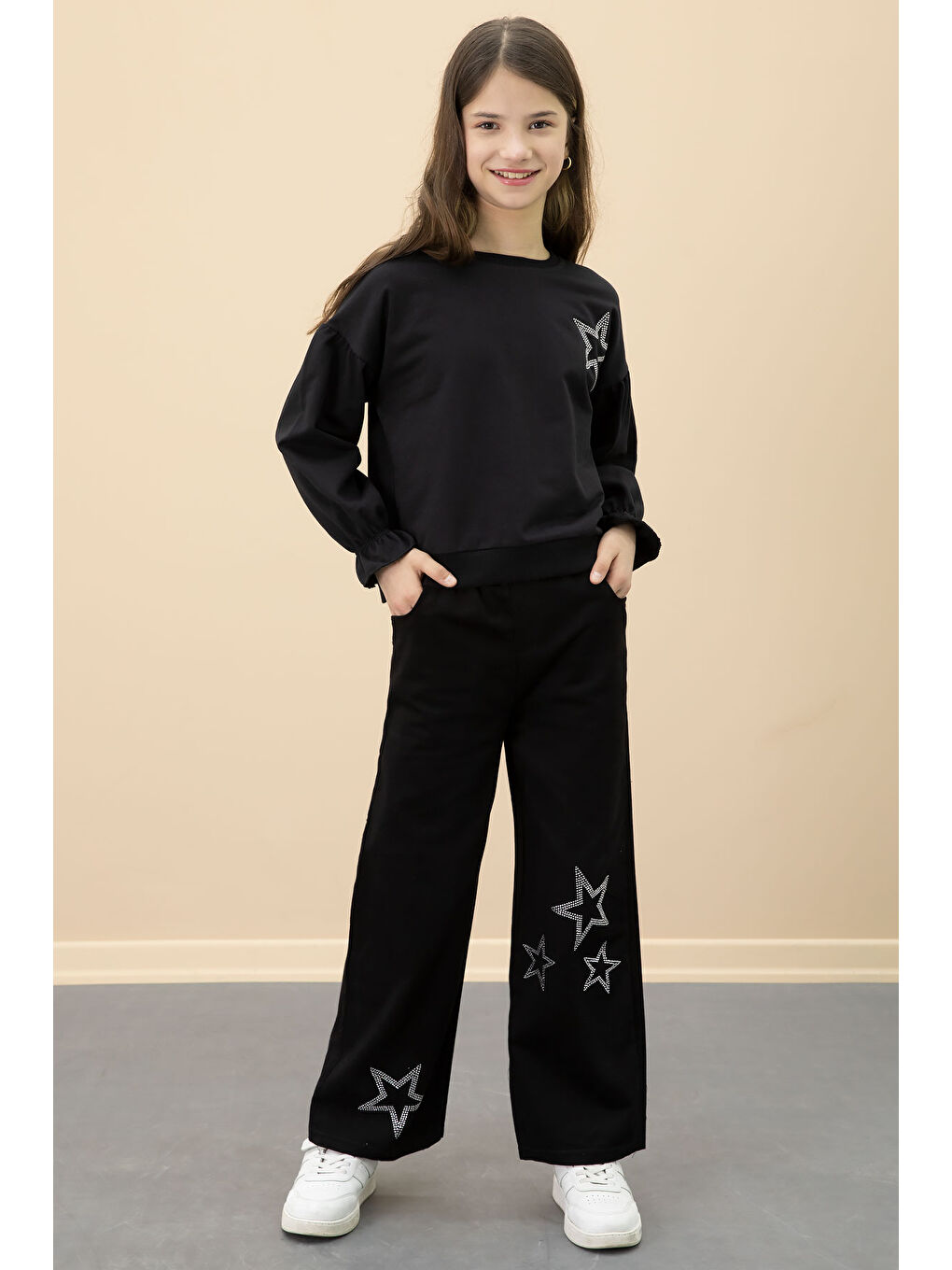 Siyah Payetli Yıldız Desenli Badili Kız Çocuk Pantolonlu 2li Takım 20682