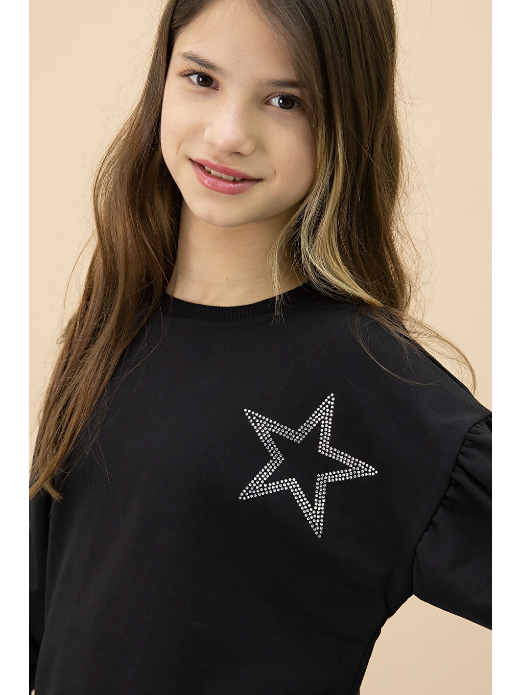 Siyah Payetli Yıldız Desenli Badili Kız Çocuk Pantolonlu 2li Takım 20682-1