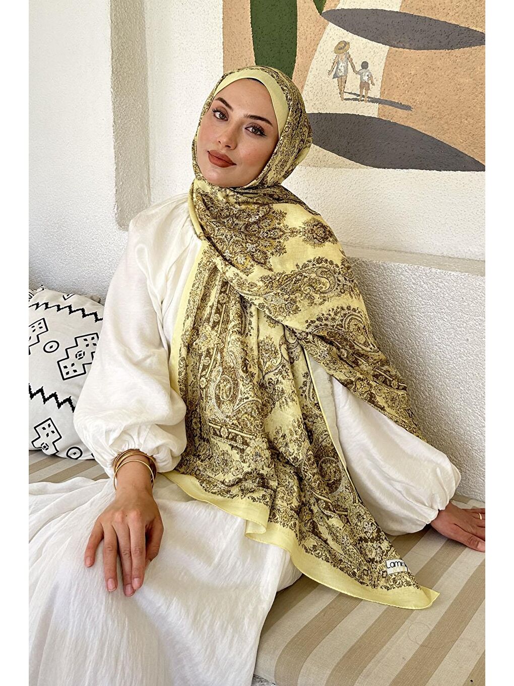 Retro Desen Soft Şal Sarı