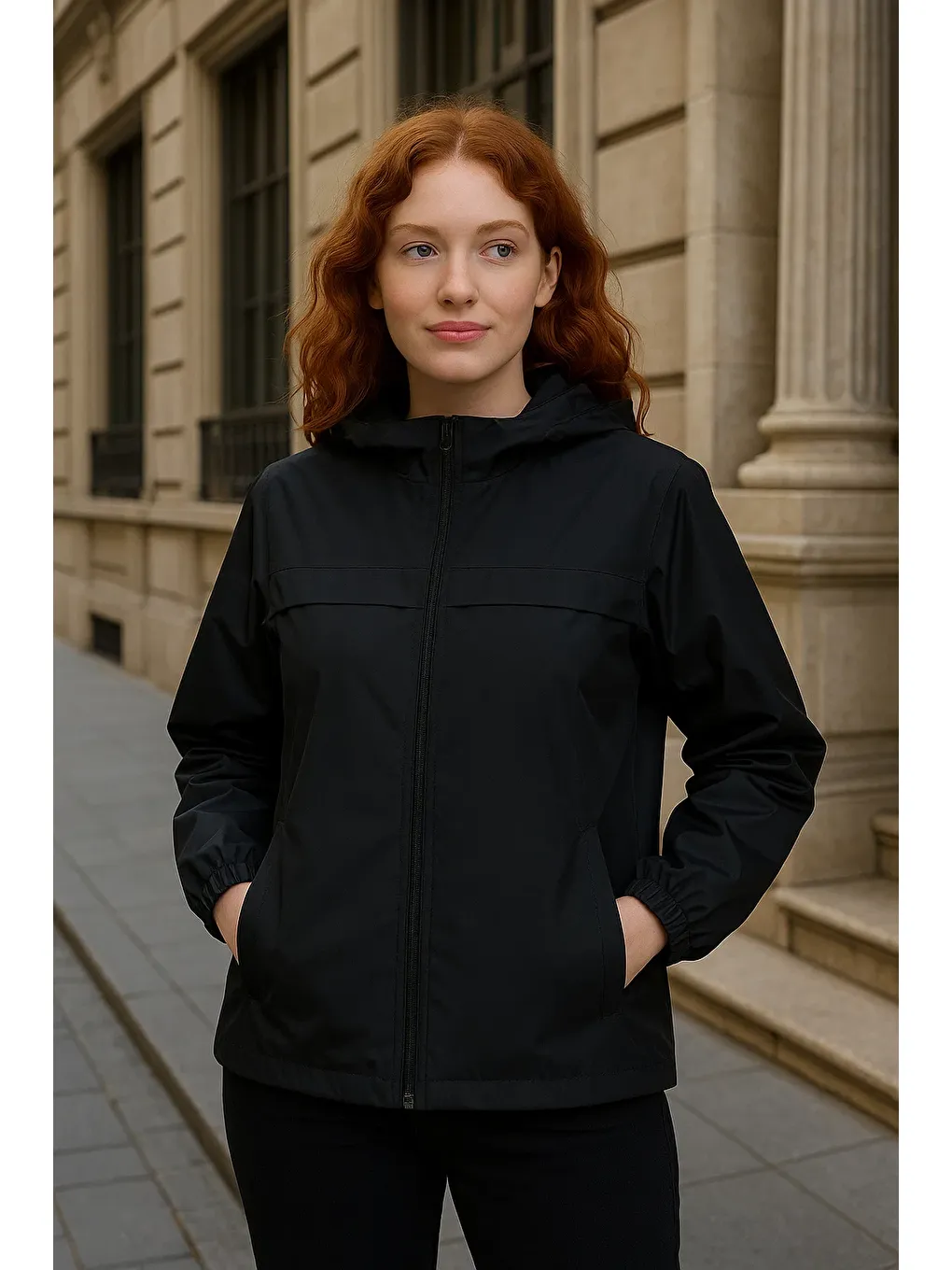 Kadın Astarlı Kapüşonlu Siyah Rüzgarlık & Yağmurluk