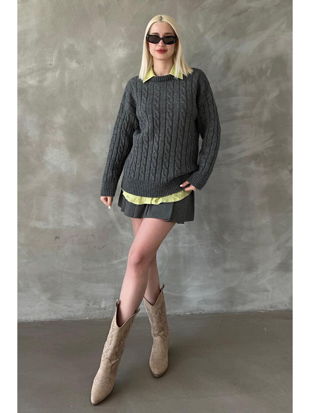 Antrasit Balıkçı Yaka Örgülü Triko Kazak Mg2336-6