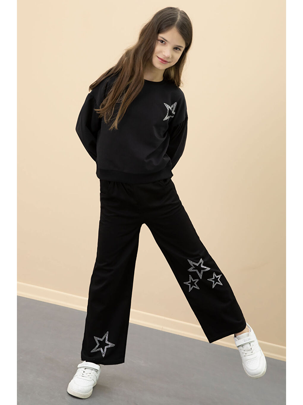 Siyah Payetli Yıldız Desenli Badili Kız Çocuk Pantolonlu 2li Takım 20682-2