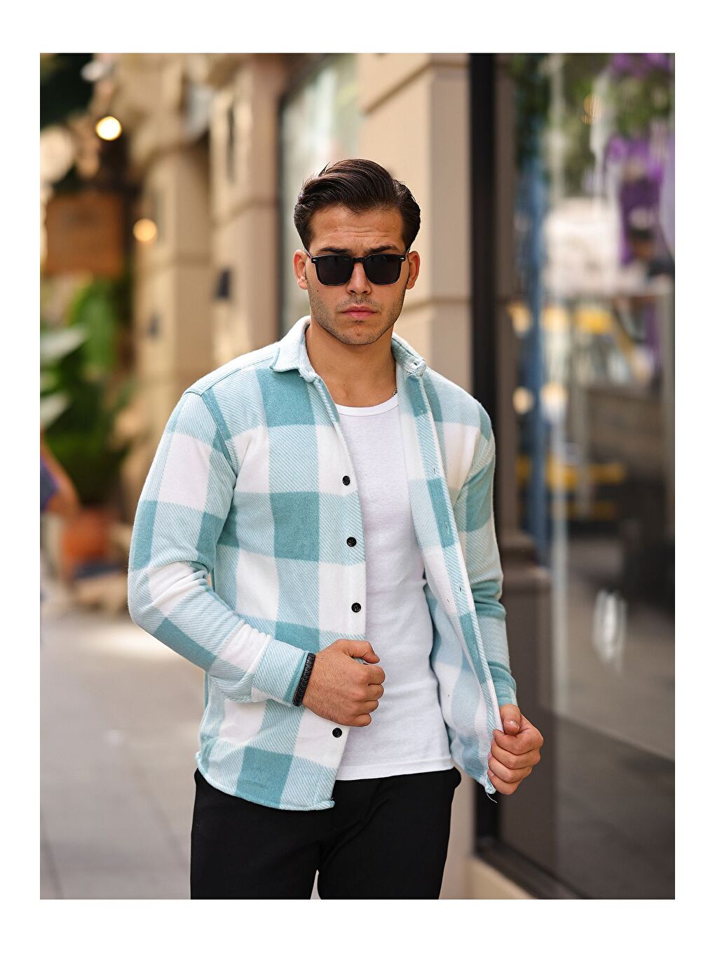 Turkuaz Erkek Kare Desen Polar Rahat Kalıp Gömlek