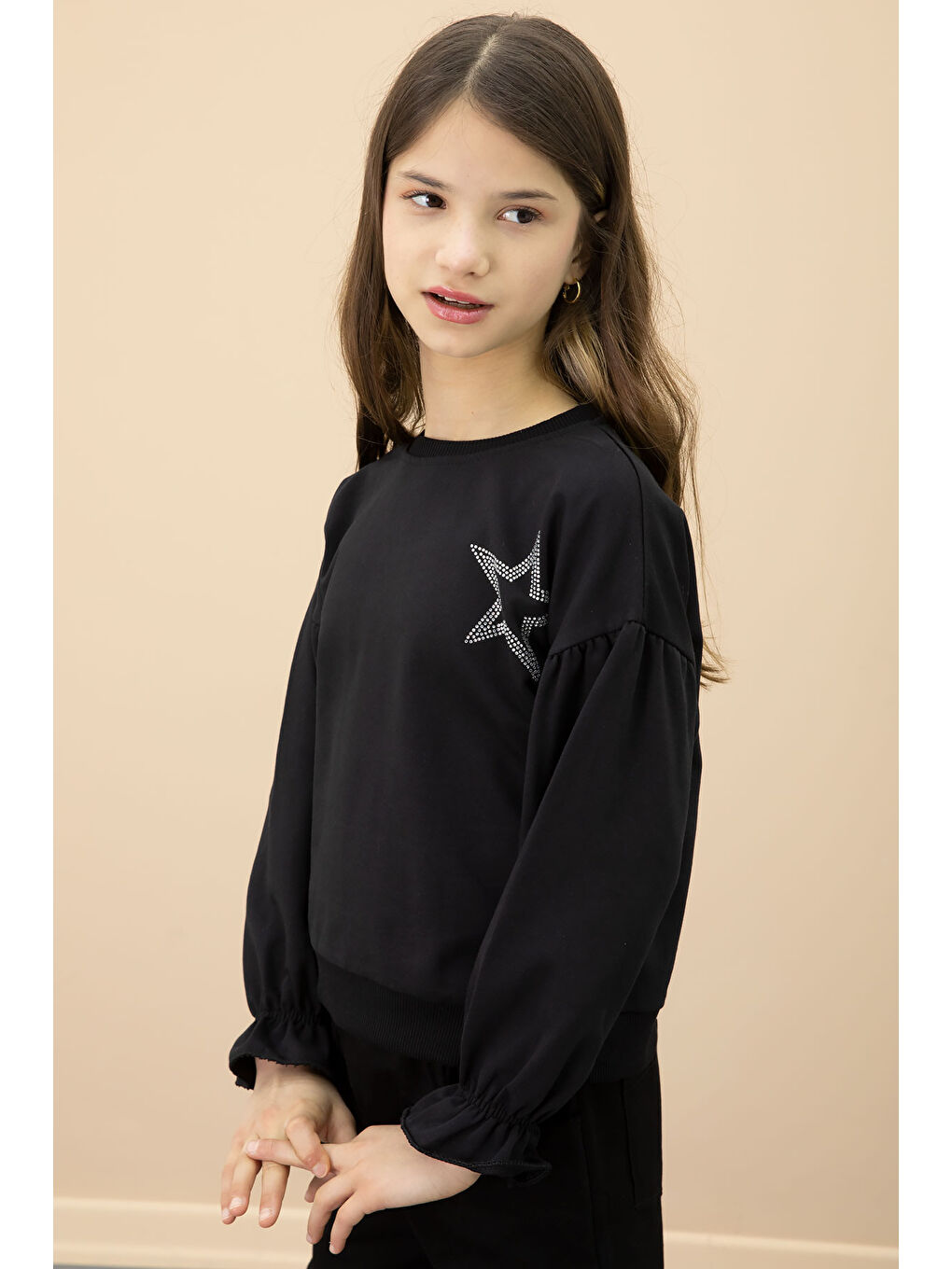 Siyah Payetli Yıldız Desenli Badili Kız Çocuk Pantolonlu 2li Takım 20682-3