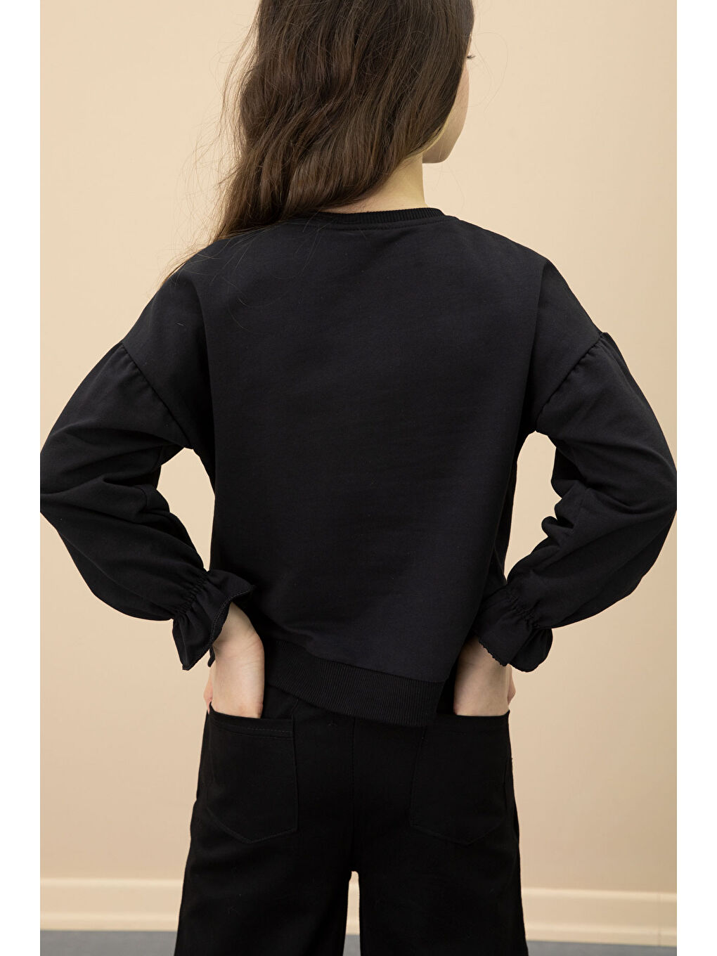 Siyah Payetli Yıldız Desenli Badili Kız Çocuk Pantolonlu 2li Takım 20682-4