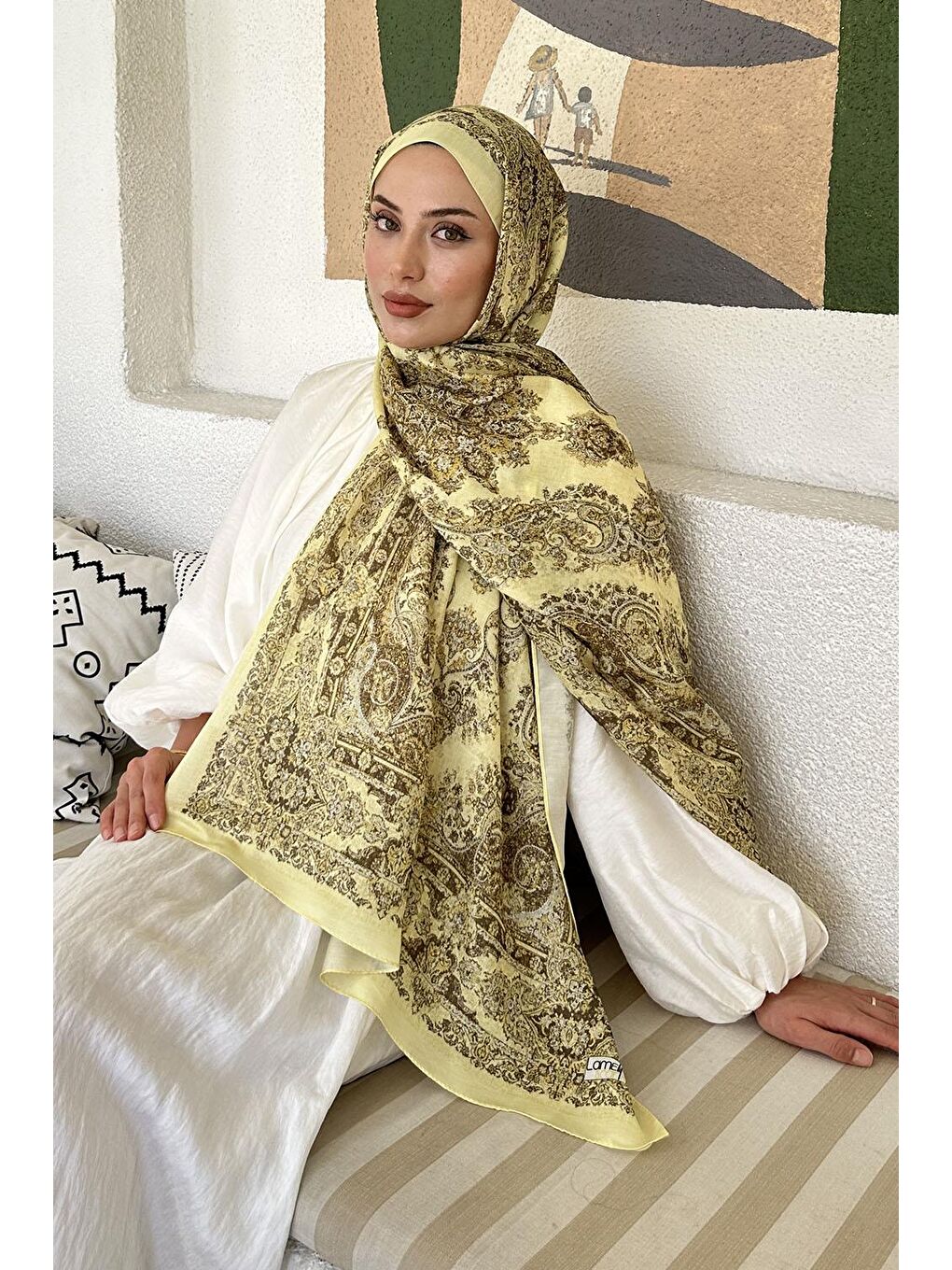 Retro Desen Soft Şal Sarı-1