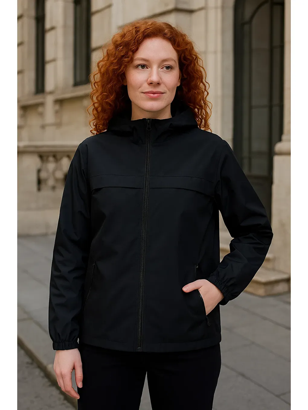 Kadın Astarlı Kapüşonlu Siyah Rüzgarlık & Yağmurluk-1