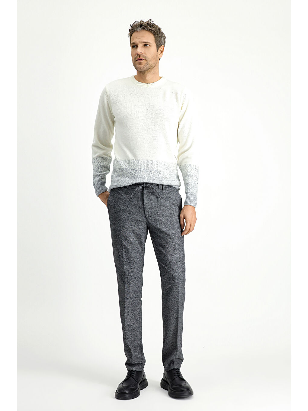 Gri Super Slim Fit Ekstra Dar Kesim Beli Lastikli İpli Desenli Elastanlı Klasik Kumaş Pantolon