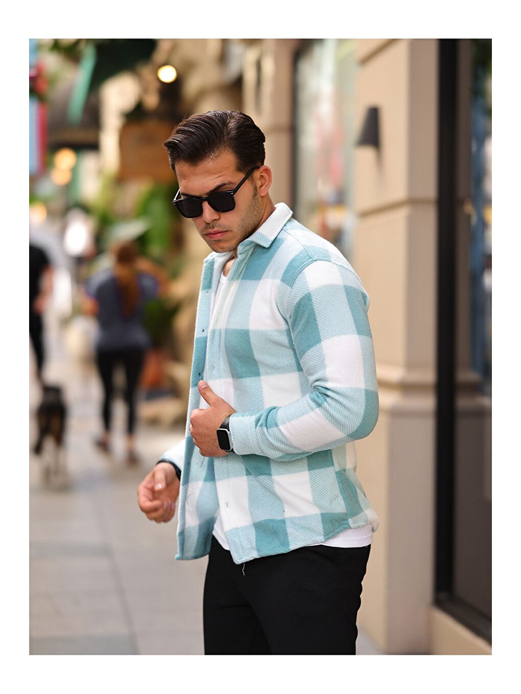 Turkuaz Erkek Kare Desen Polar Rahat Kalıp Gömlek-1