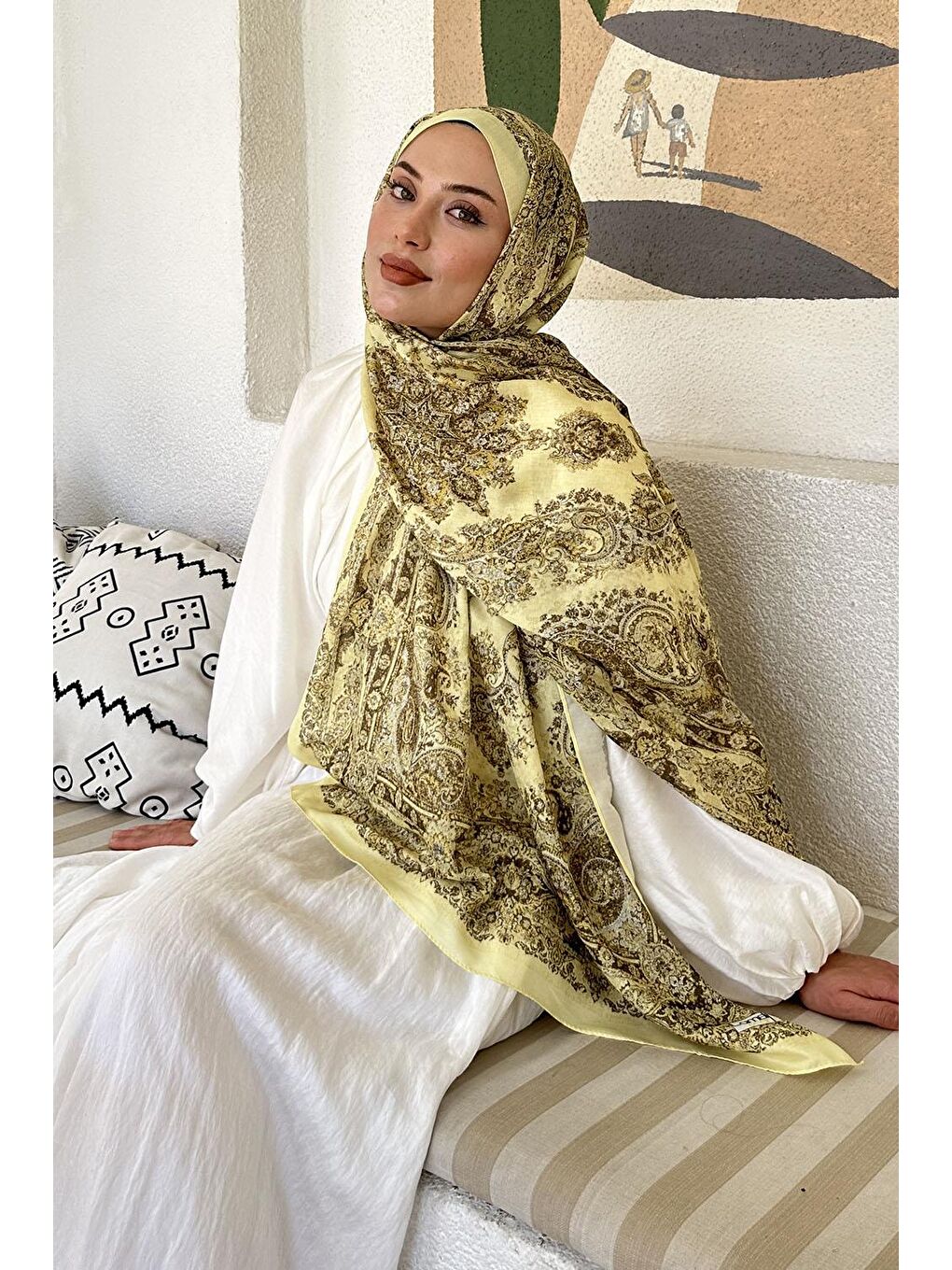 Retro Desen Soft Şal Sarı-2