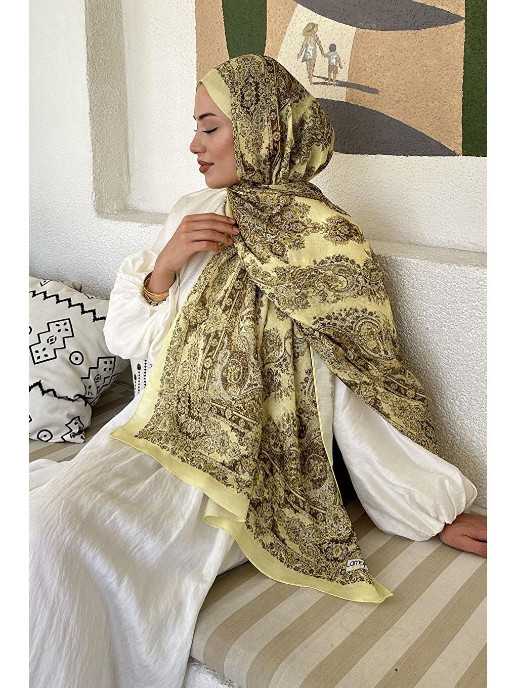 Retro Desen Soft Şal Sarı-3