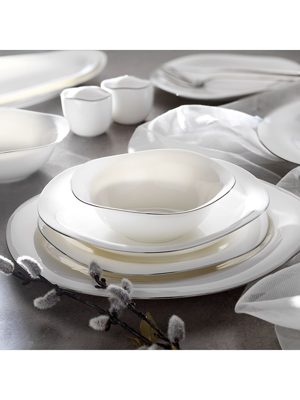 Beyaz Superfine Bone Elixir Yemek Takımı 56 Parça-Platin-1