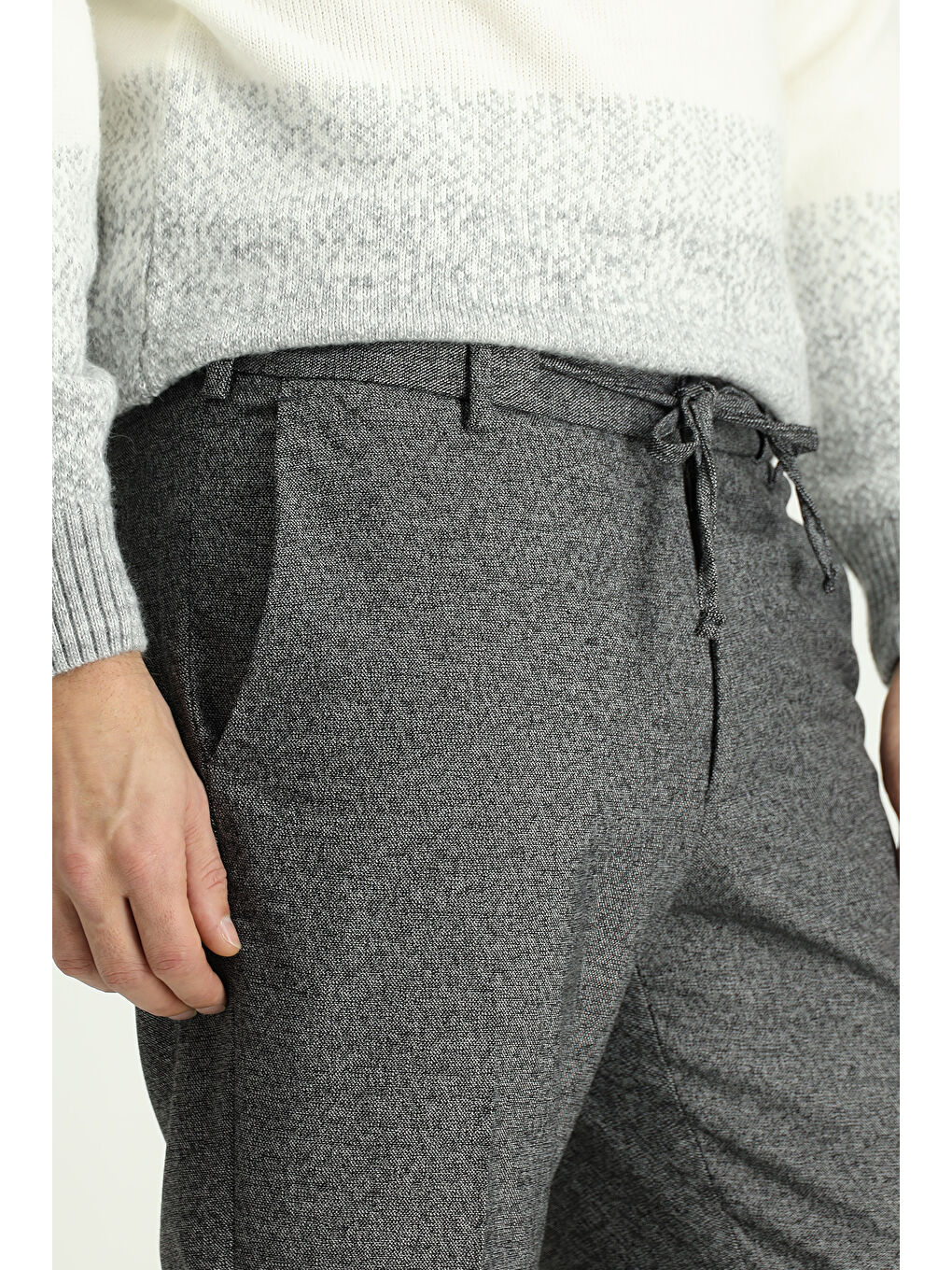 Gri Super Slim Fit Ekstra Dar Kesim Beli Lastikli İpli Desenli Elastanlı Klasik Kumaş Pantolon-4