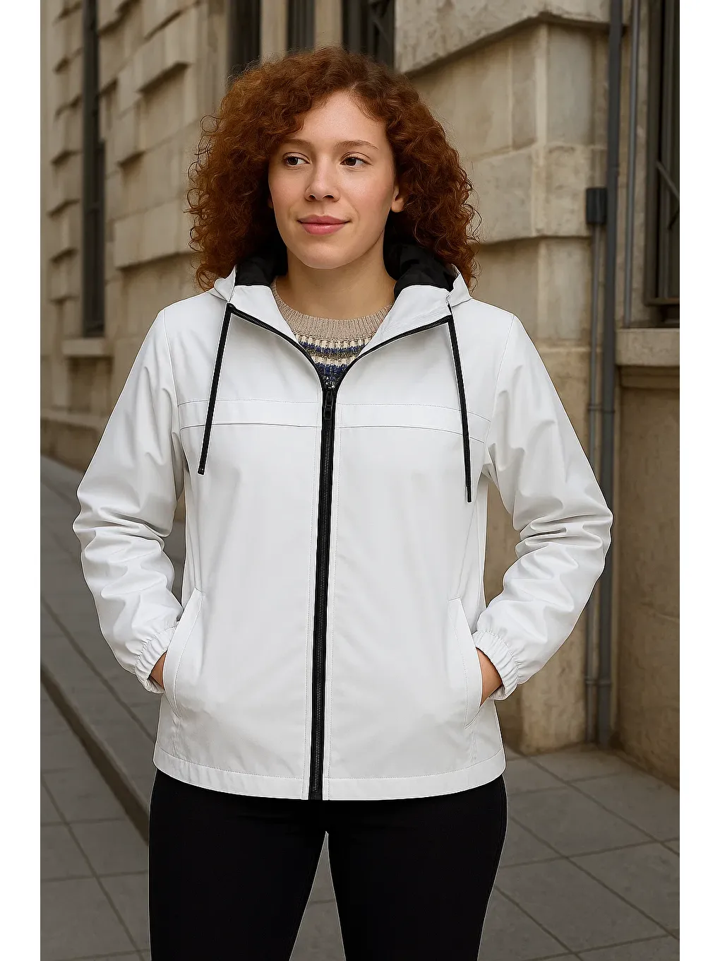 Kadın Astarlı Kapüşonlu Beyaz Rüzgarlık & Yağmurluk
