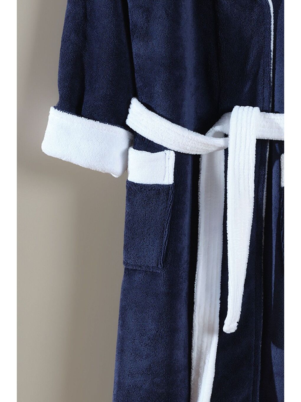 Lacivert Biyeli Kapüşonlu Bambu Bornoz-LACİVERT-BEYAZ-3XL-2