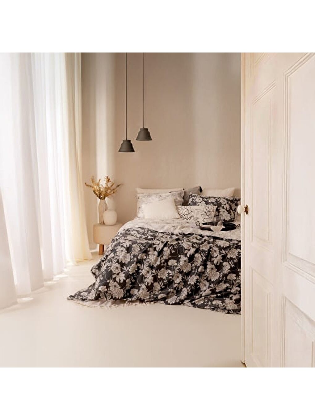 Soft Blanora Pamuk Saten Çift Kişilik Nevresim Takımı - Antrasit / Ekru-1