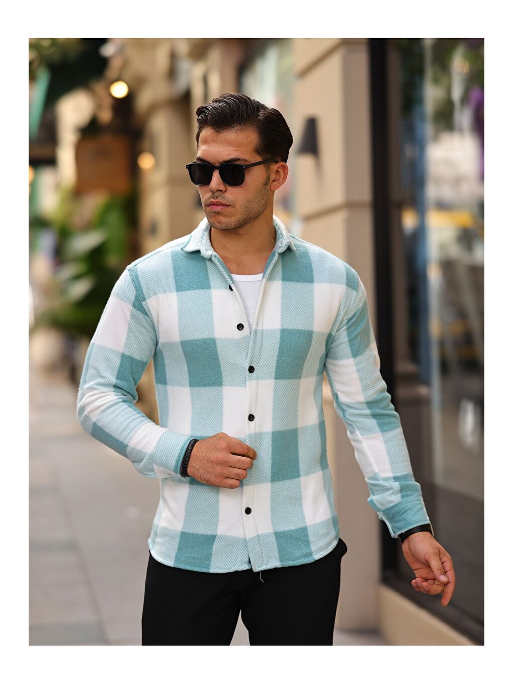 Turkuaz Erkek Kare Desen Polar Rahat Kalıp Gömlek-2
